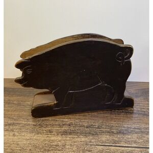 Vintage Wooden Carved Pig Napkin Holder Stand Kitsch Kitchen Decor Letter Holder